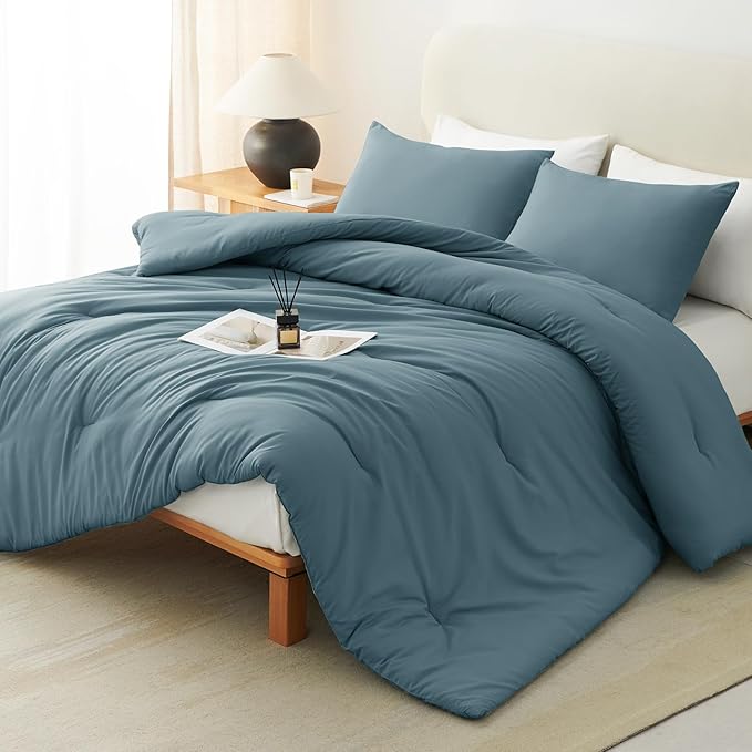 CozyLux Queen Comforter Set Mineral Blue, 3 Pieces Solid Comforters Queen Size by CozyLux