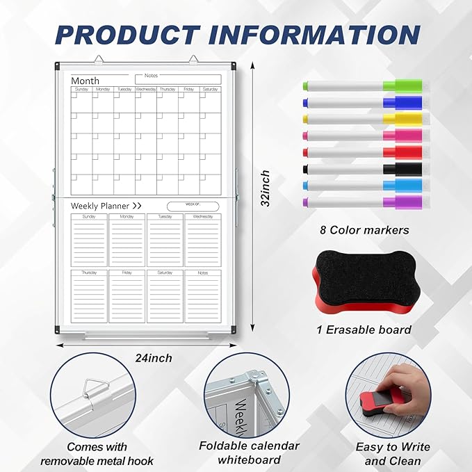 Lincia Dry Erase Calendar for Wall Undated Dry Erase Calendar Planner Aluminum Frame Whiteboard for Home Office Projects Wall Fridge (Vertical Monthly and Weekly,24" X 32")