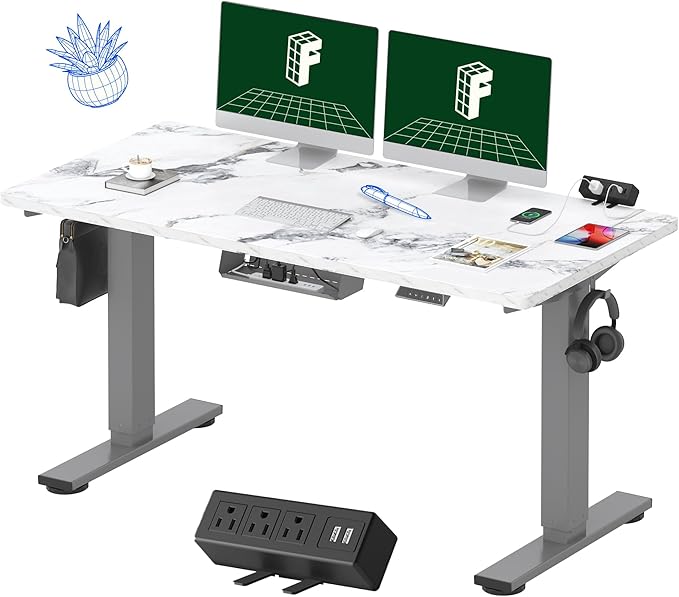 FLEXISPOT EN2 Whole-Piece Standing Desk with Clamp Power Strip, 55 x 28 Electric Stand Up Height Adjustable Desk with Cable Management (Gray Frame + 55" Marble Grey Top, 2 Packages)