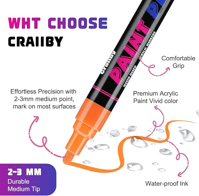 Craiiby Gold Paint Pens Paint Markers - 12 Pack Permanent Quick Dry Waterproof Marker Pens for Rocks Wood Fabric Plastic Canvas Glass Mugs Metal Tire Stone