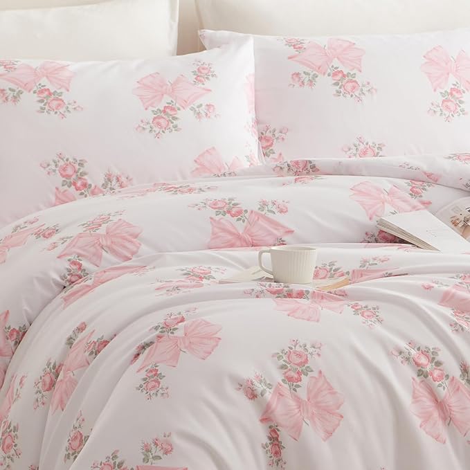Nayoroom Pink Bow Duvet Cover Full Size Coquette Pink Floral Duvet Cover 3 - Image 7