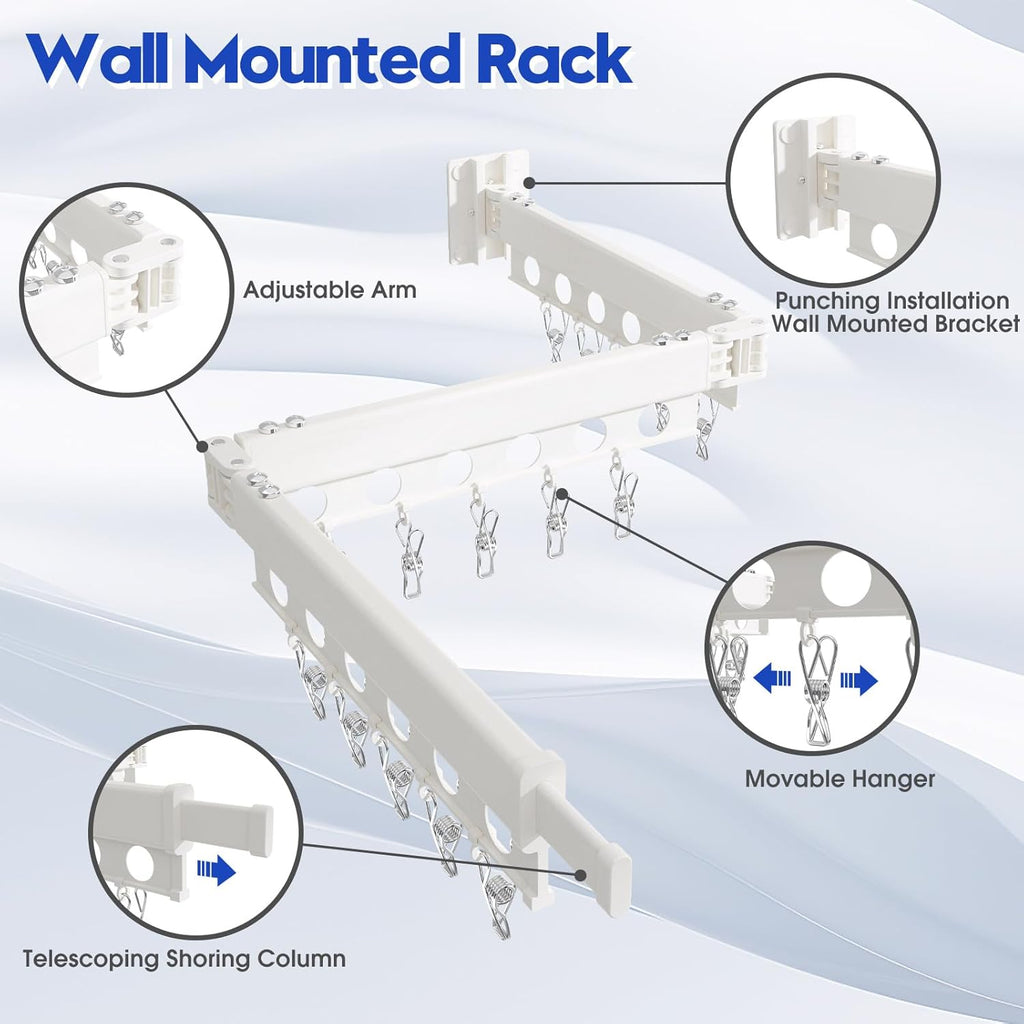 Clothes Drying Rack Foldable Wall Mounted Drying Rack 3 Fold White-Laundry Drying Rack Durable Clothing Racks for Hanging Clothes