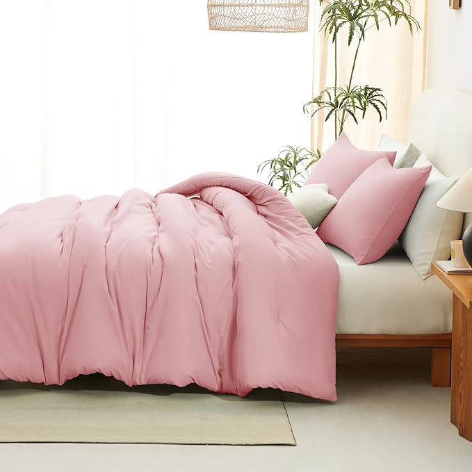 CozyLux Queen Comforter Set Pink, 3 Pieces Solid Comforters Queen Size - Image 8