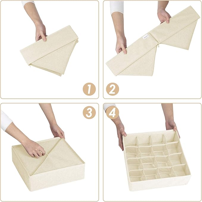 Criusia 3 Pack Sock Underwear Drawer Organizer Dividers, 64 Cell Fabric Foldable Cabinet Dresser Closet Organizers and Storage Boxes for Organizing Socks, Underwear, Ties (16+24+24 Cell, Beige)