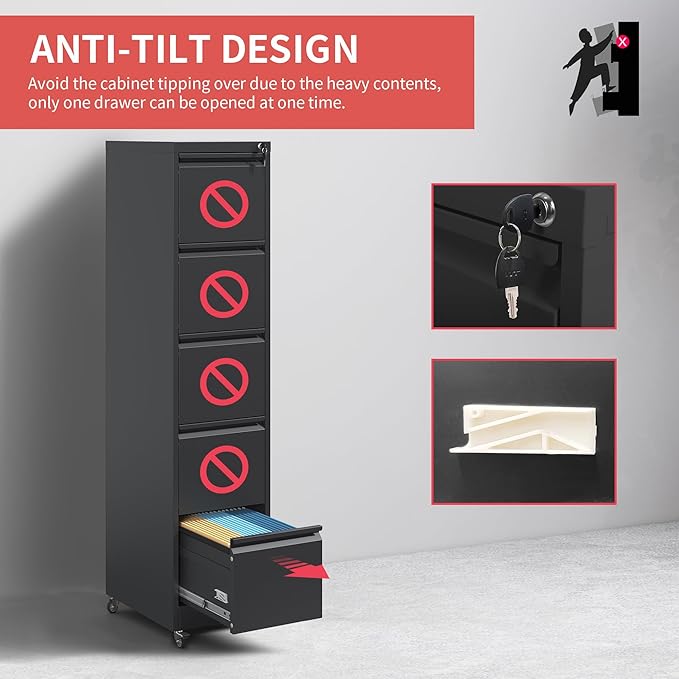 IKIMI 5 Drawer Locking File Cabinet with Wheels,Metal Mobile Filing Cabinets,Black Vertical File Cabinet for Home Office,Heavy Duty Storage Cabinet for A4/Letter/Legal Size File,Assembly Required