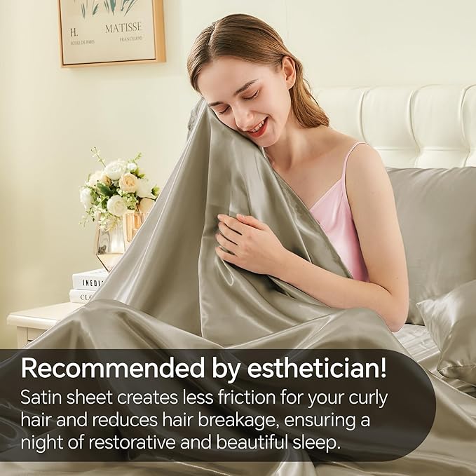 BEDELITE Satin Sheets Twin XL Size Bed Set, Luxury Soft Taupe Silky Sheets - Image 4