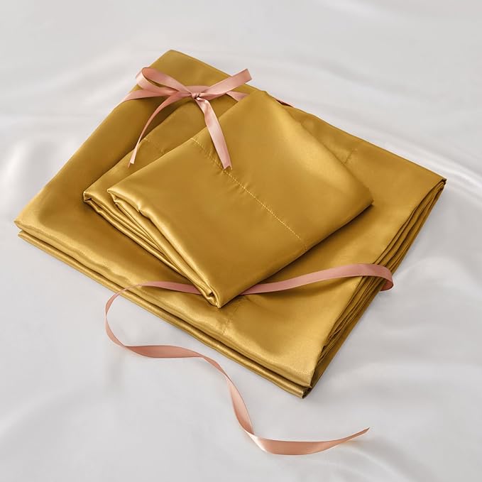 BEDELITE Satin Sheets Queen Size Bed Set, Luxury Soft Gold Silky Sheets - Image 7