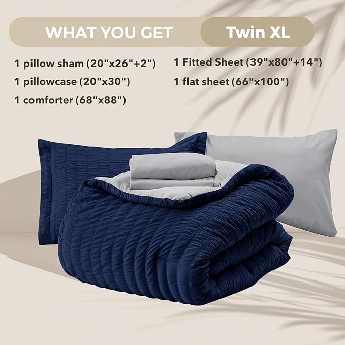 HYMOKEGE Navy Blue/Light Grey Twin XL Comforter Set Seersucker 5 Pieces - Image 5