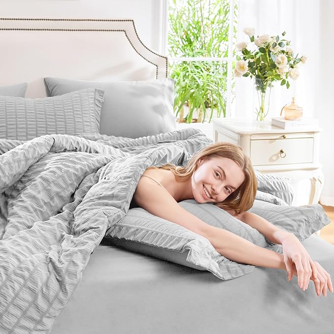 CozyLux Queen Comforter Set Light Grey Seersucker 7 Pieces Bed in a Bag Queen - Image 7