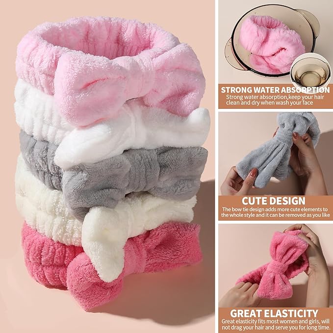 Teenitor 5 Pack Spa Headband for Washing Face, Girls Makeup Headband, Bow Tie - Image 3
