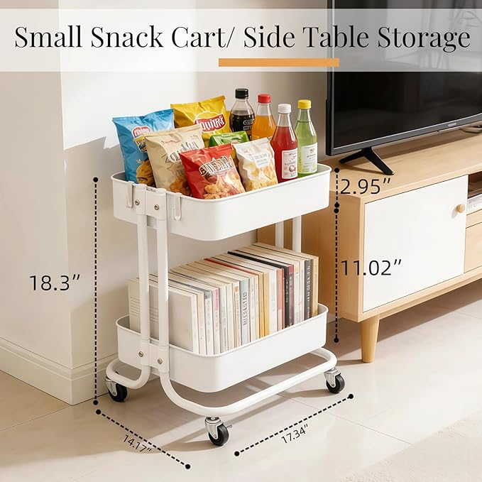 LiWNYRK 2 Tier Under Desk Storage Cart with Wheels Heavy Duty Metal Short Rolling Pantry Storage Cart for Small Space, Utility Trolley for Kitchen Bathroom Laundry Cute Snack Craft Organizer, White