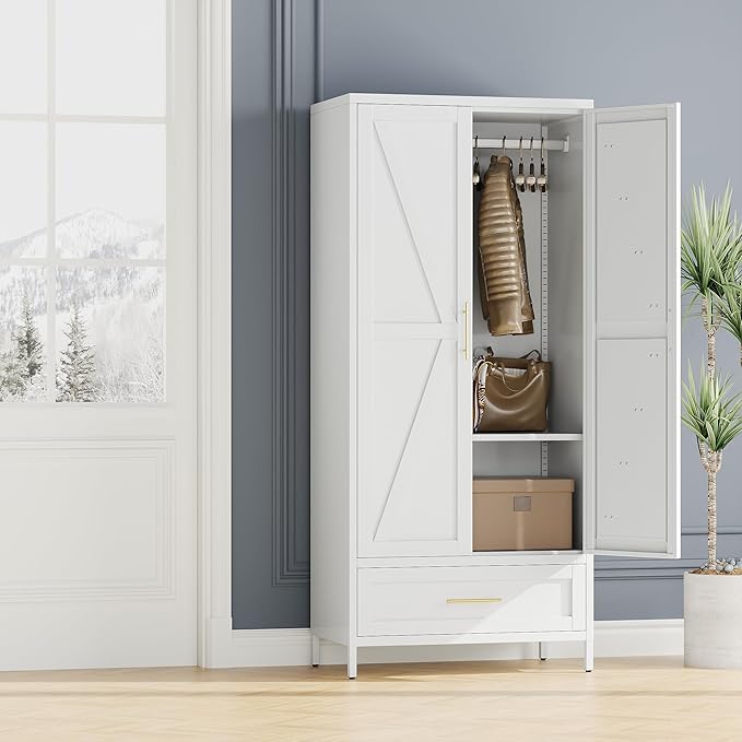 SUPEER Metal Wardrobe Cabinet with 1 Drawer and Hanging Rod, 70.9" H Metal Closet Cabient with Adjustable Shelf for Bedroom, Laundry Room, Home,Office,Installation Required,White