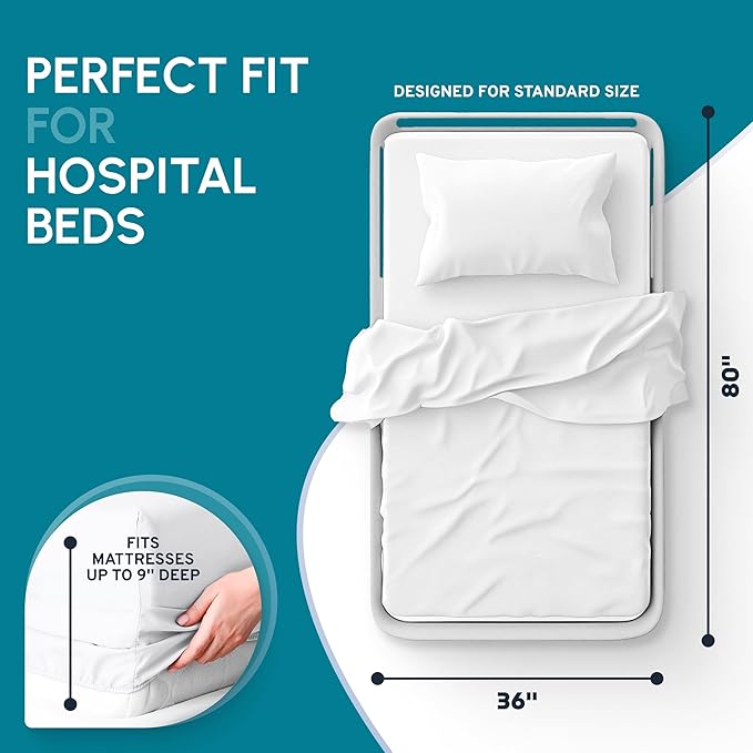 White Classic Fitted Hospital Bed Sheets Set of 3, Cotton Fitted Sheet - Image 2