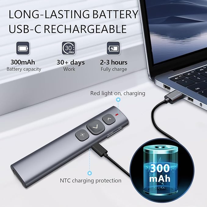 Norwii N95 Presentation Clicker, PowerPoint Clicker for Presentation Remote, Rechargeable Wireless Presenter Pointer, Slide Advancer for PC/Laptop/e-Book (BLE&USB-A&C, Green Light)