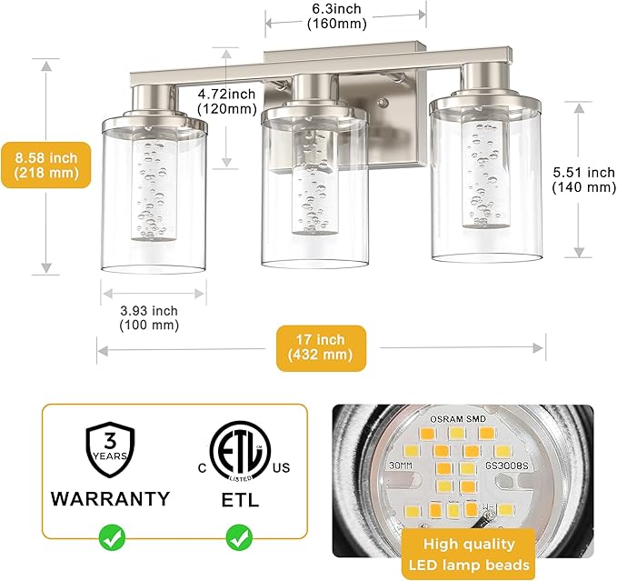 L LOHAS LED 3-Light Brushed Nickel Bathroom Light Fixtures, Crystal LED - Image 5