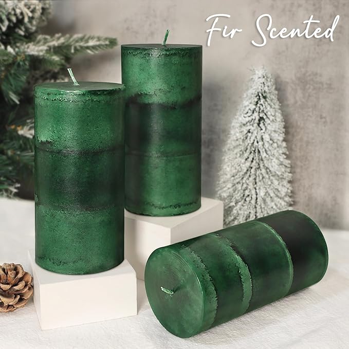 Dark Green Pillar Candles 3x6 Inch Fir Scented Candles Hand-Poured Long Lasting - Image 2