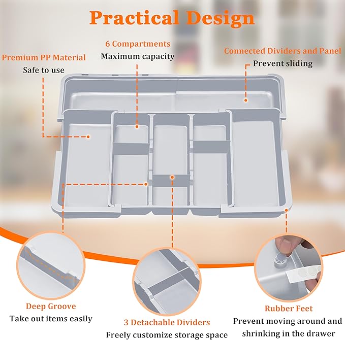 Spaclear Large Utensil Drawer Organizer Expandable Silverware Organizer for Kitchen Drawer Adjustable Cooking Utensil Holder Cutlery Flatware Tray Spatula Tools Gadgets Storage Dividers Plastic Grey