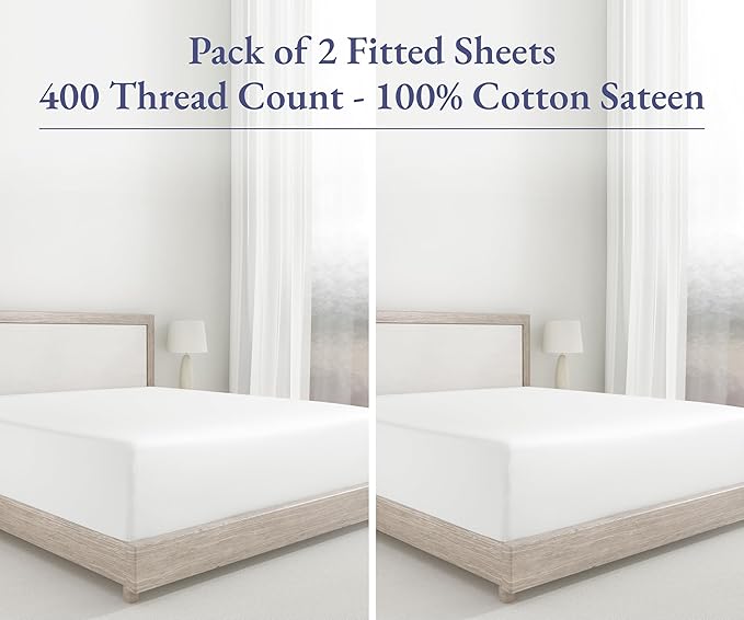 2 Twin XL Fitted Sheets, 400 Thread Count 100% Cotton Sateen Fitted Sheets - Image 4