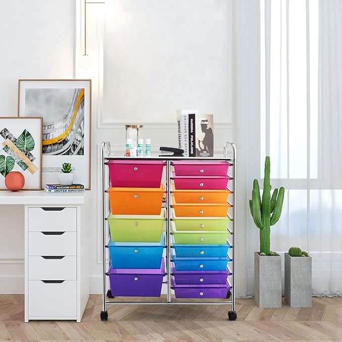 GOFLAME 15-Drawer Rolling Storage Cart, Craft Storage Cart with Removable Drawers & Lockable Wheels, Art Cart Supply Storage Organizer for Home Office Classroom, Rainbow