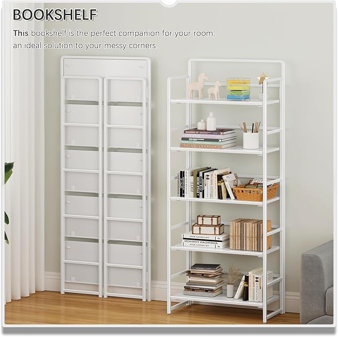 4NM No Assembly 5 Tiers Folding Bookshelf Storage Shelves Vintage Bookcase Standing Racks Study Organizer Home Office (All White)