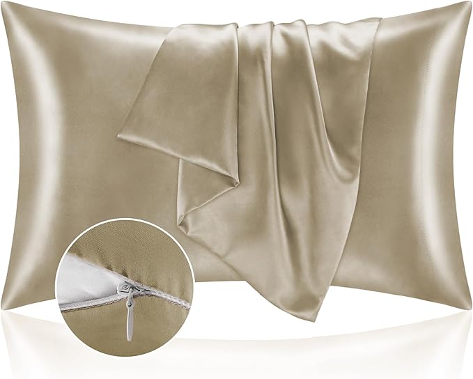 BEDELITE Satin Pillowcase with Zipper 2 Pack, Taupe Pillow Cases Standard Size by BEDELITE