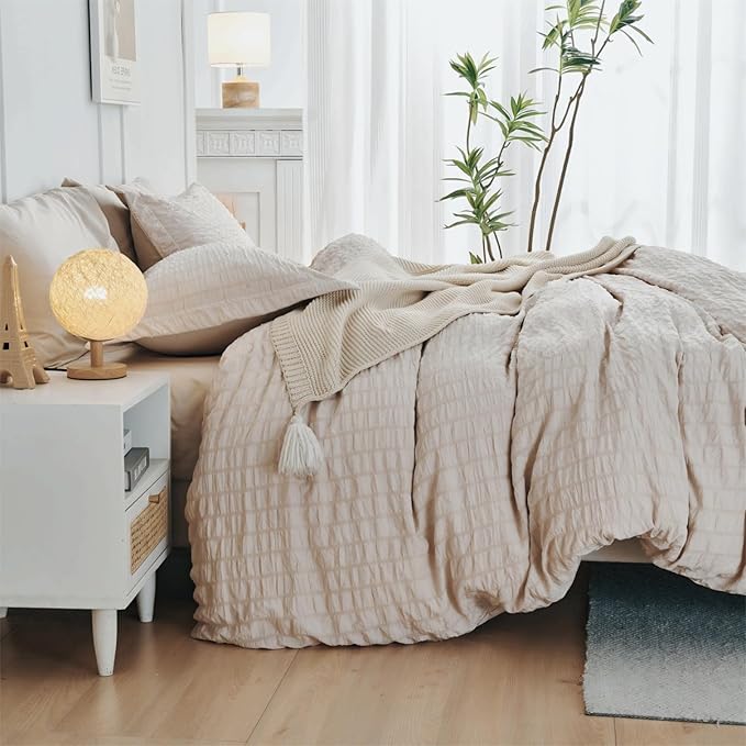 HYMOKEGE Beige Duvet Cover Full Size, Ultra Soft 3-Piece Seersucker Duvet Cover - Image 5