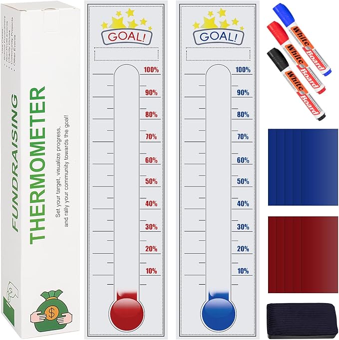 Fundraising Thermometer, 48"x12" Self-adhesive Chart Goal Tracker, With Removable Stickers And 3 Color Dry Erase Markers For School Fundraisers, Non-profit Events, Charity Drives, Community Projects