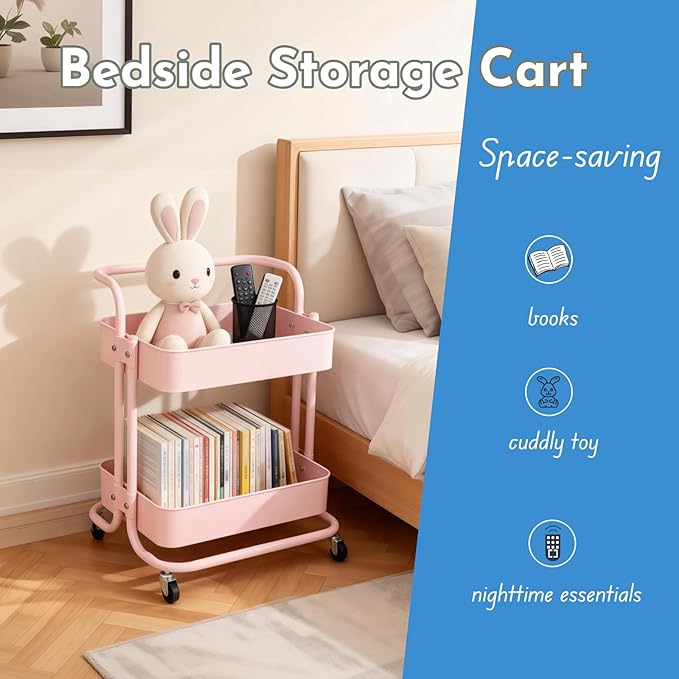 Ufriandz 2 Tier Short Rolling Cart with Wheels All-Metal Pink Pantry Storage for Kitchen,Under Desk Trolley with Handle Small Wheeled Storage Cart for Laundry Room Bathroom, Under Table Small Space