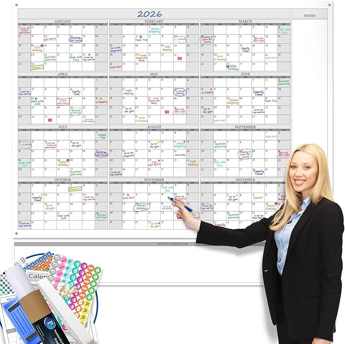 Jumbo Dry Erase Yearly Whiteboard Wall Calendar, 46" x 63", Huge 12 Month Laminated Erasable White Board, Giant Annual Family Schedule Planner, Large Undated Reusable Year Poster