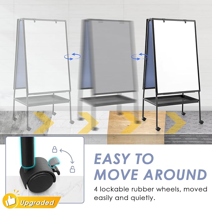 MAKELLO Rolling Whiteboard on Wheels 36x24 in, Double-Side Standing White Board Grey Bulletin Board Combo with Storage Tray for Office Classroom Commerce, Height Adjustable, Aluminum Frame, 3'x2'
