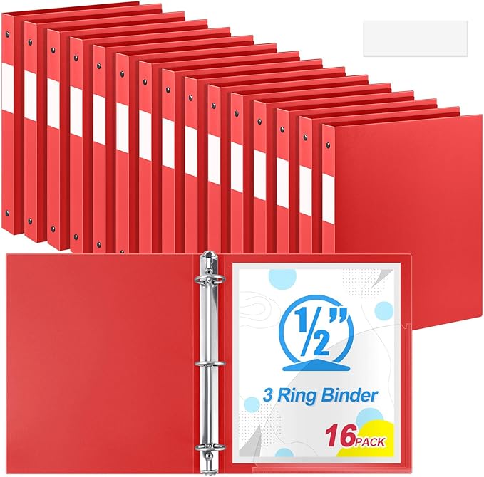 Henoyso 16 Pcs 3 Ring Binder 0.5 Inch Round Fits Letter Size 8.5'' x 11'' Paper Plastic Flexible Binder Bulk Holds 140 Sheets with 1 Pockets Versatile Organizer for Home Office School (Red)