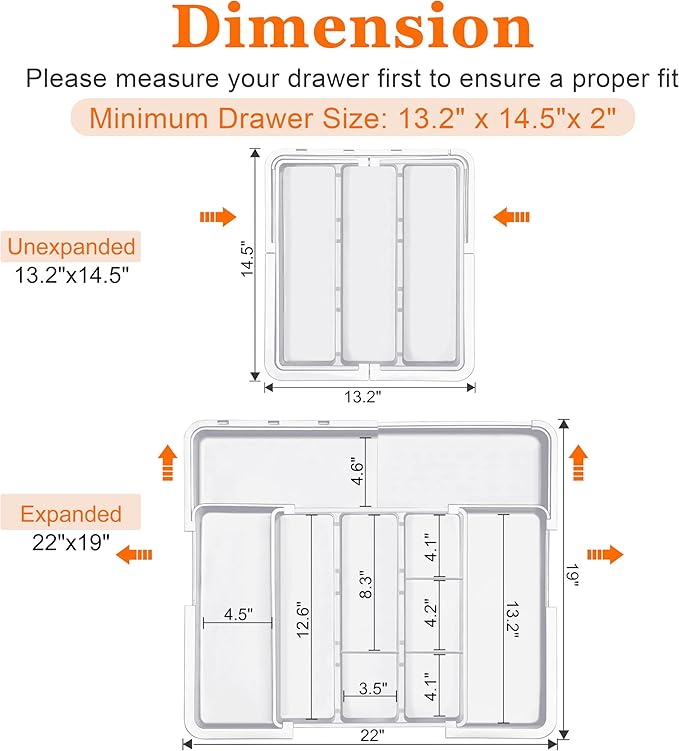 Spaclear Large Utensil Drawer Organizer Expandable Silverware Organizer for Kitchen Drawer Adjustable Cooking Utensil Holder Cutlery Flatware Tray Spatula Tools Gadgets Storage Dividers Plastic White