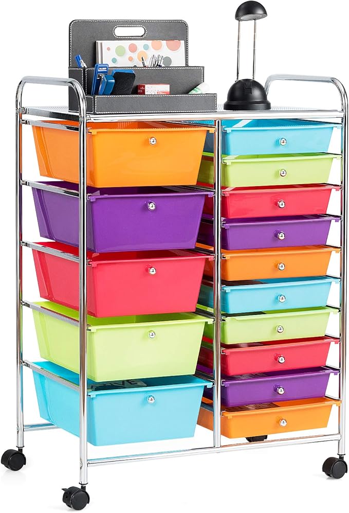 GOFLAME 15-Drawer Rolling Storage Cart, Craft Storage Cart with Removable Drawers & Lockable Wheels, Art Cart Supply Storage Organizer for Home Office Classroom, Multicolor