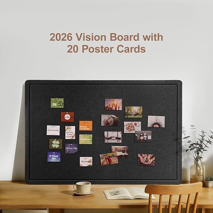 Vision Board 36x24, Thicken Felt Pin Board for Bedroom Dorm or Personal Creative Space with 20 Pushpins and 20 Postcards, Black