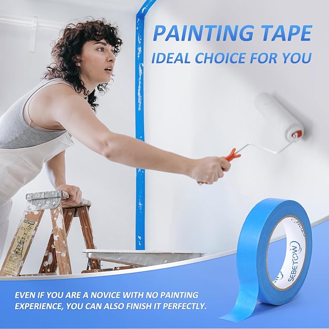 SEBETOW 10 Rolls Painters Tape 1 inch Bulk Painter Tape Blue Wide Roll, Blue Masking Tape, 1 Inches x 55 Yards for General Purpose Wall Painting, Home Improvement
