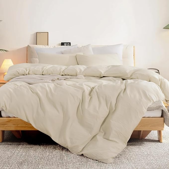 NEXHOME PRO Duvet Cover Set Oversized Queen 98"x98" Linen Feel Textured Cream - Image 4