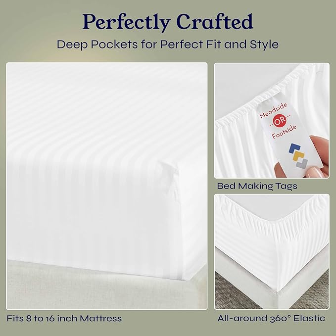 California Design Den Cotton Sateen Damask Stripe Queen Size Fitted Sheet Only - Image 6