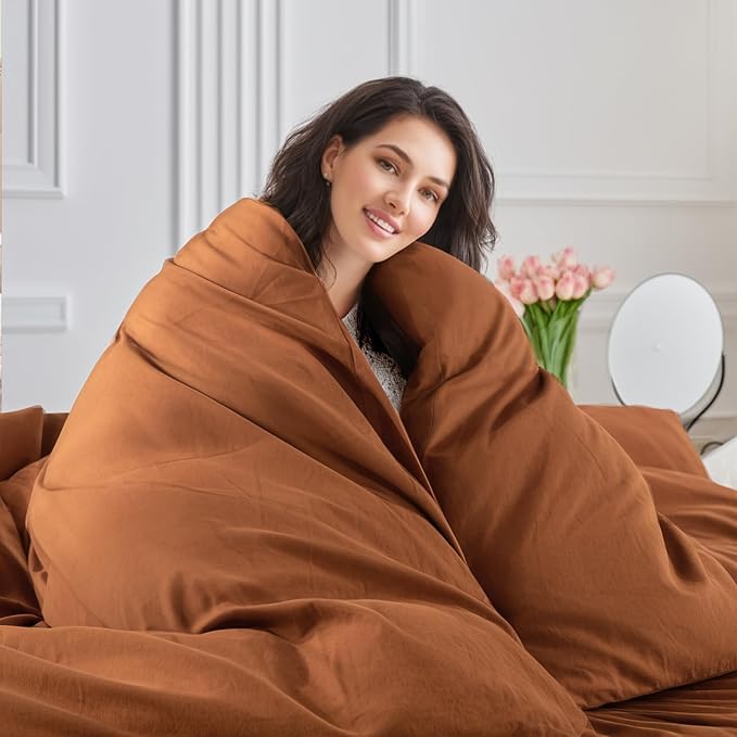 NEXHOME PRO Terracotta Burnt Orange Duvet Cover Set Kids Twin Size Linen Look - Image 7
