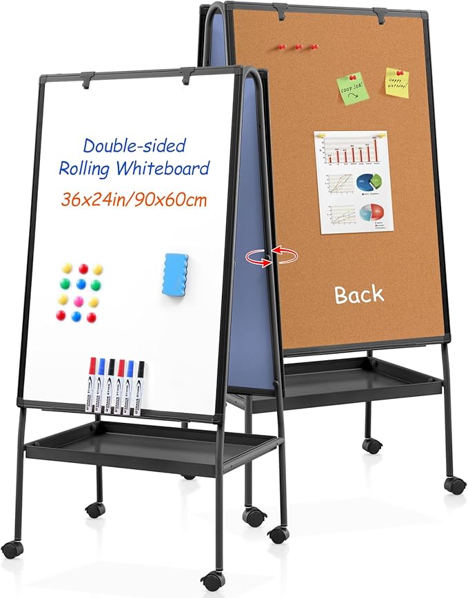MAKELLO Rolling White Board on Wheels 36x24 in, Double-Side Standing Whiteboard Cork Board Combo with Storage Tray for Office Classroom Commerce, Height Adjustable, Aluminum Frame, 3'x2'