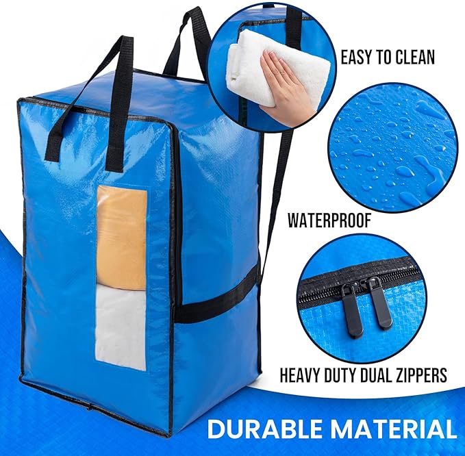 TAILI 4 Pack Blue Moving Bags w/Adjustable Backpack Straps, Moving Supplies, Moving Boxes Alternative, Heavy Duty Storage Totes for College Packing, Camping Backpack for Travel, Dorm, Laundry