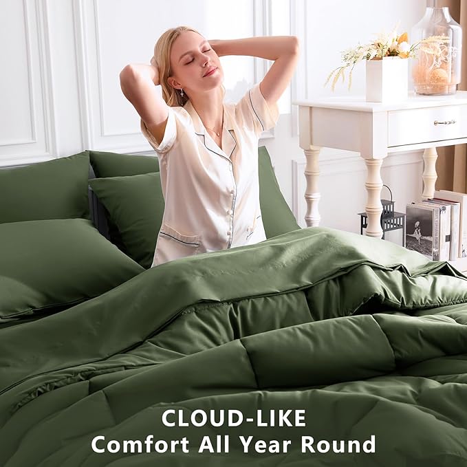 CozyLux King Size Comforter Set Olive Green, 7 Pieces Bed in a Bag, All Season - Image 4