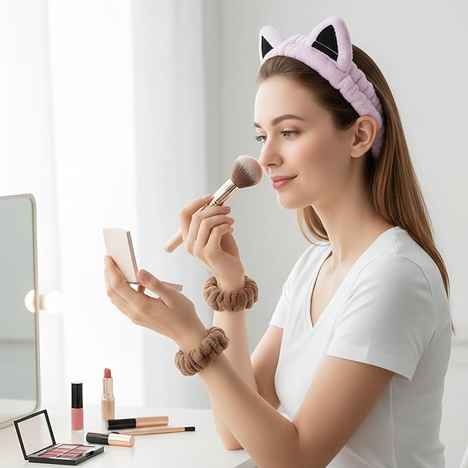 Cat Ears Headband, Cute Spa Headband and Wristband Set Washing Face Skincare - Image 3
