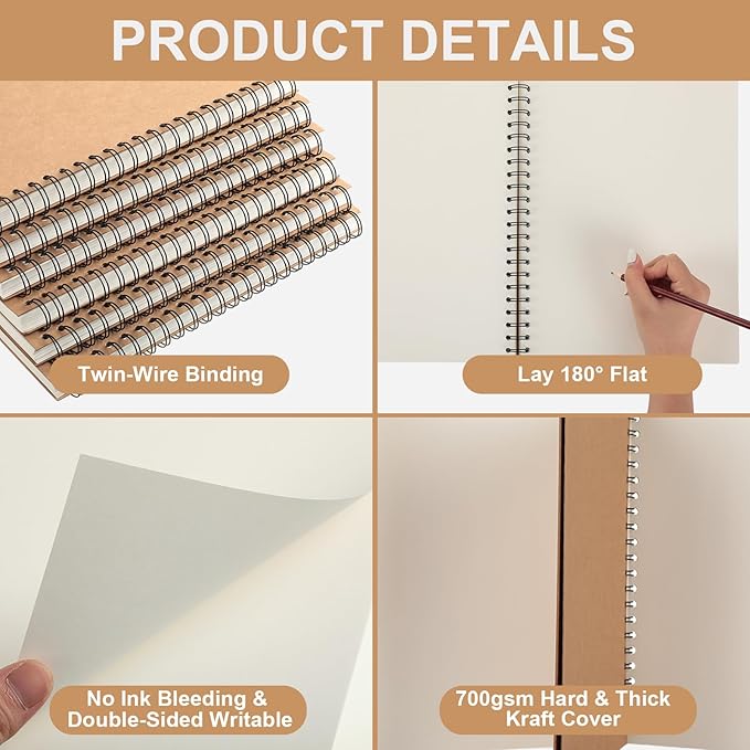PerKoop 2 Pcs 8.5"x11" Spiral Sketch Pad A4 Large 100 Sheet Blank Notebook Sketch Pads 60lbs (100gsm) Xmas Gifts Sketching Drawing Pad Journals Art Sketchbook for Teachers Students Kids