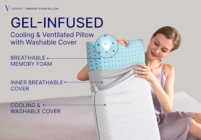 Vaverto Memory Foam Pillow 2-Pack – Cooling Gel-Infused Orthopedic Pillows - Image 2
