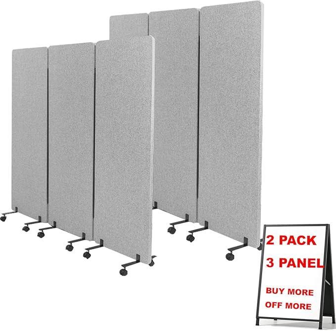 Soundproof Room Divider W/Wheels, 66in Office Dividers for Sound Proofing & Reducing, Sound Proof Dividers for Office Partitions Portable Acoustic Wall Divider (Cool Grey, 3 Panel+3 Panel)