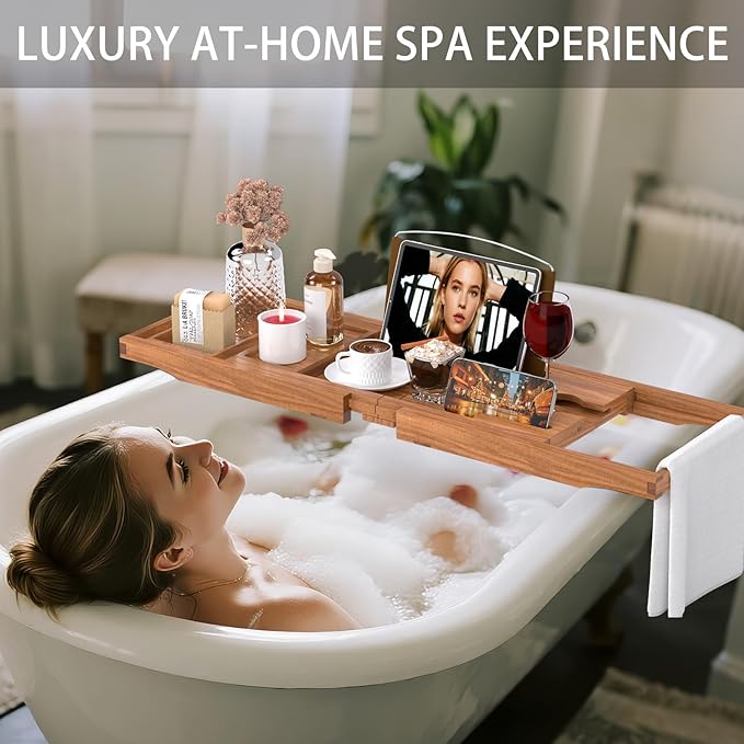 Teak Bathtub Caddy Tray for Tub, Foldable Luxury Bath Table Tray - Image 5