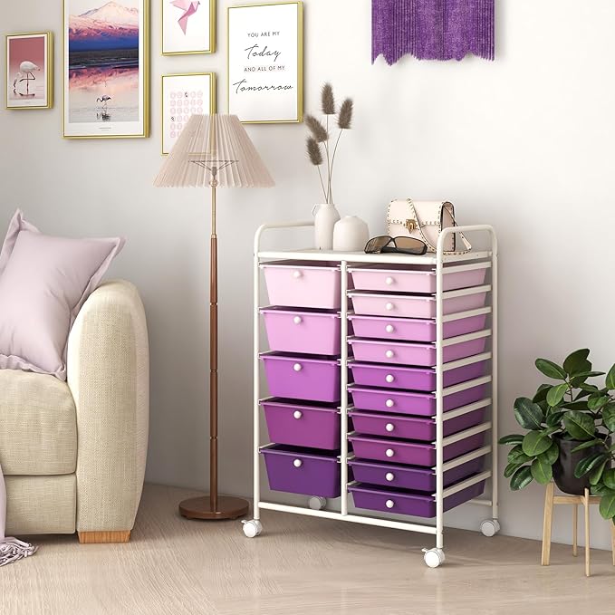 HAPPYGRILL 15-Drawer Rolling Cart, Storage Carts with Removable Drawers & Steel Frame, Utility Cart on Lockable Wheels for Home, School, Office (Purple Gradient)