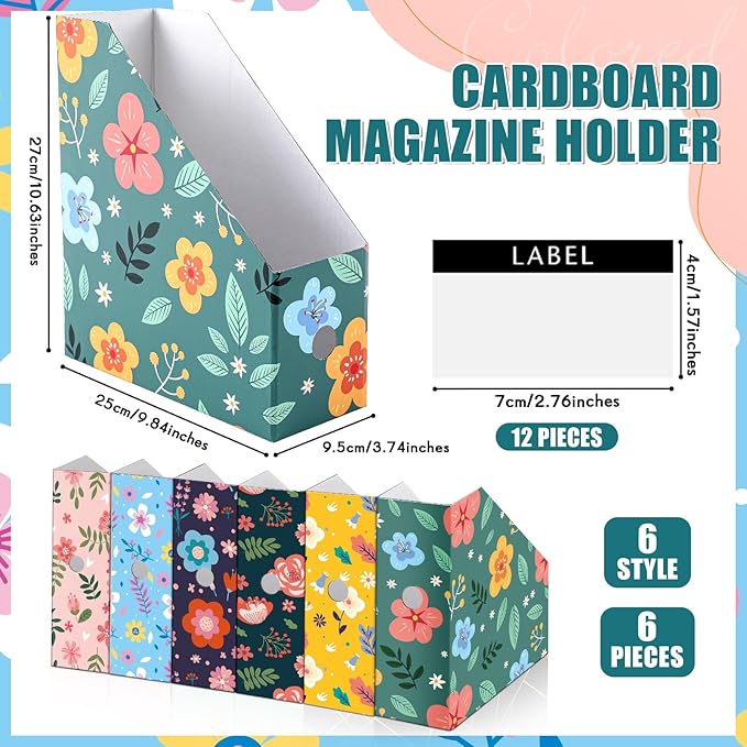 PerKoop 6 Pcs Magazine File Holder Foldable Decorative Cardboard File Folders 6 Patterns Floral Colored Magazine Rack with Printable Sticker Labels for School Office Home Desk (Flower Design)