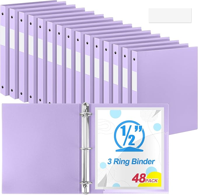 Henoyso 48 Pcs 3 Ring Binder 0.5 Inch Round Fits Letter Size 8.5'' x 11'' Paper Plastic Flexible Binder Bulk Holds 140 Sheets with 1 Pockets Versatile Organizer for Home Office School (Light Purple)