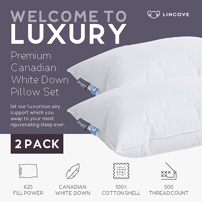 Lincove Cloud Natural Canadian Down Pillow, 100% Cotton Shell, 500 Thread Count - Image 2